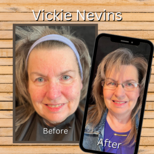 2 images side by side demonstrating the BEFORE - AFTER possibilities using MarysBlendedBeauty.online - custom blended foundation actual client - Vickie Nevins of ChamberofWomenEntrepreneurs.com