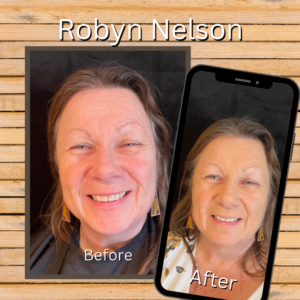 2 images side by side demonstrating the BEFORE - AFTER possibilities using MarysBlendedBeauty.online - custom blended foundation actual client - Robyn Nelson