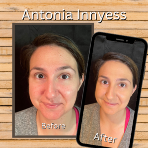 2 images side by side demonstrating the BEFORE - AFTER possibilities using MarysBlendedBeauty.online - custom blended foundation actual client Antonia Innyess